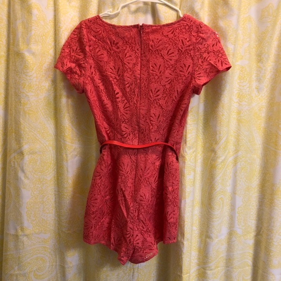 Coral Lace Romper with Belt - Picture 2 of 4